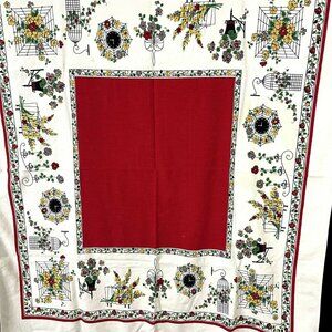 Floral Tablecloth Vintage Clocks Flower Pot Trellis Cottage Core 1950s Birdcages